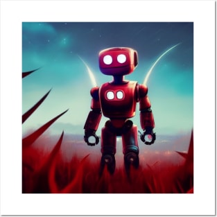 Moon Bot - Big red Robot on a field of thorns Posters and Art